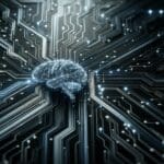 Primer plano de circuitos neuronales digitales sobre fondo oscuro, estilo futurista y tecnológico.