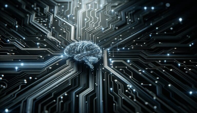 Primer plano de circuitos neuronales digitales sobre fondo oscuro, estilo futurista y tecnológico.