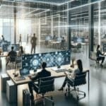 Un emprendimiento tecnológico con equipos trabajando en inteligencia artificial en un espacio moderno.