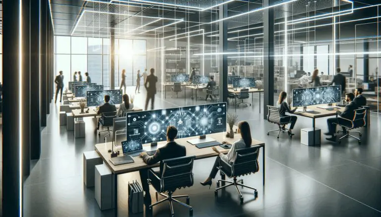 Un emprendimiento tecnológico con equipos trabajando en inteligencia artificial en un espacio moderno.