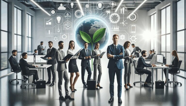 Equipo de profesionales colaborando en un laboratorio tecnológico moderno, con elementos de energía limpia.