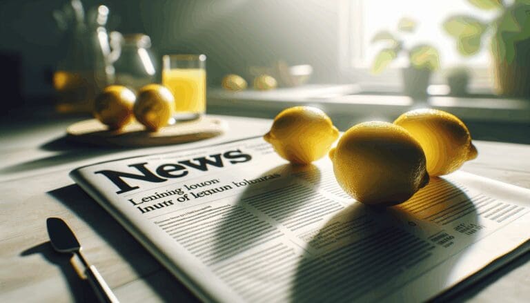 Primer plano de limones frescos en una mesa de trabajo, fondo desenfocado, luz natural vibrante, estilo editorial.