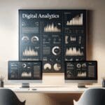 Pantallas de ordenador con analíticas digitales en un espacio de trabajo moderno.