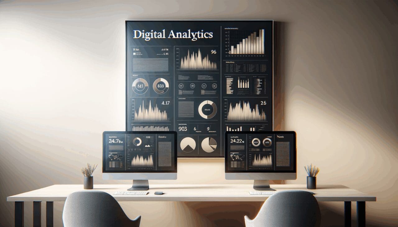 Pantallas de ordenador con analíticas digitales en un espacio de trabajo moderno.