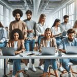 Espacio de oficina moderno con jóvenes emprendedores colaborando en laptops en un entorno tecnológico luminoso.