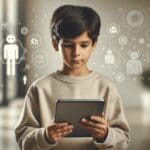 Niño usando una tablet en un entorno moderno con íconos de inteligencia artificial flotando, colores neutros y fondo desenfocado.