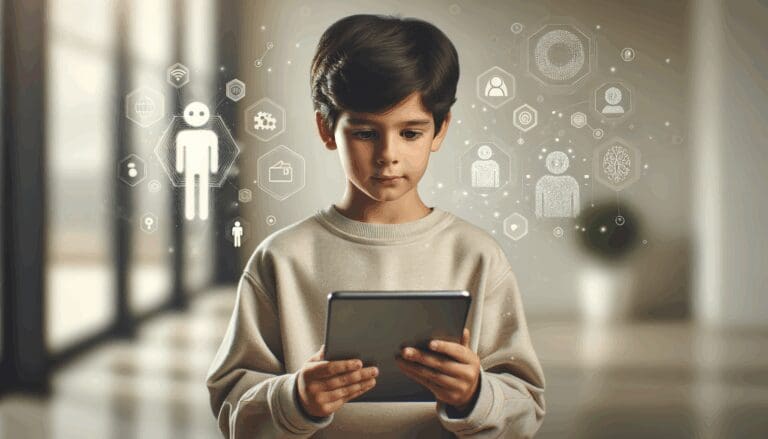 Niño usando una tablet en un entorno moderno con íconos de inteligencia artificial flotando, colores neutros y fondo desenfocado.