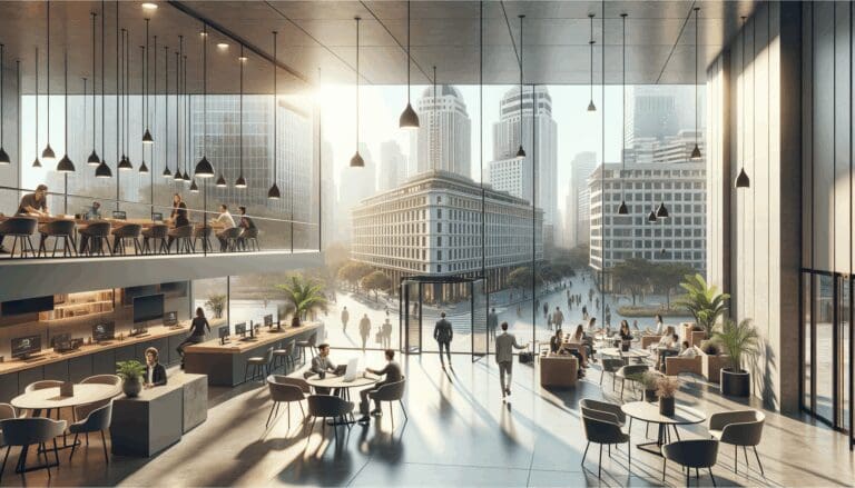 Vista moderna de Montevideo con edificios y espacios de coworking llenos de luz natural.