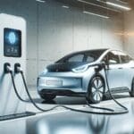 Primer plano de auto eléctrico conectado a estación de hidrógeno en entorno moderno y tecnológico.