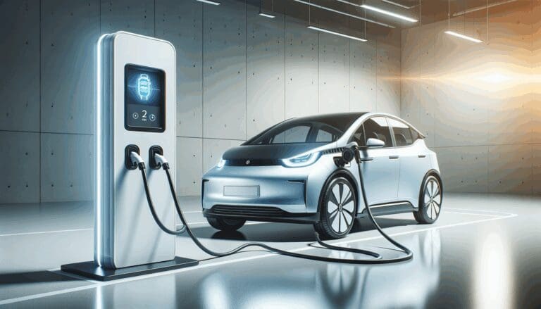 Primer plano de auto eléctrico conectado a estación de hidrógeno en entorno moderno y tecnológico.