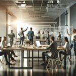 Espacio moderno de trabajo colaborativo con emprendedores reunidos y computadoras portátiles sobre mesas, luz natural y ambiente tecnológico.