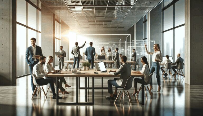 Espacio moderno de trabajo colaborativo con emprendedores reunidos y computadoras portátiles sobre mesas, luz natural y ambiente tecnológico.