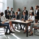 Jóvenes emprendedores en una reunión de trabajo en una oficina moderna.