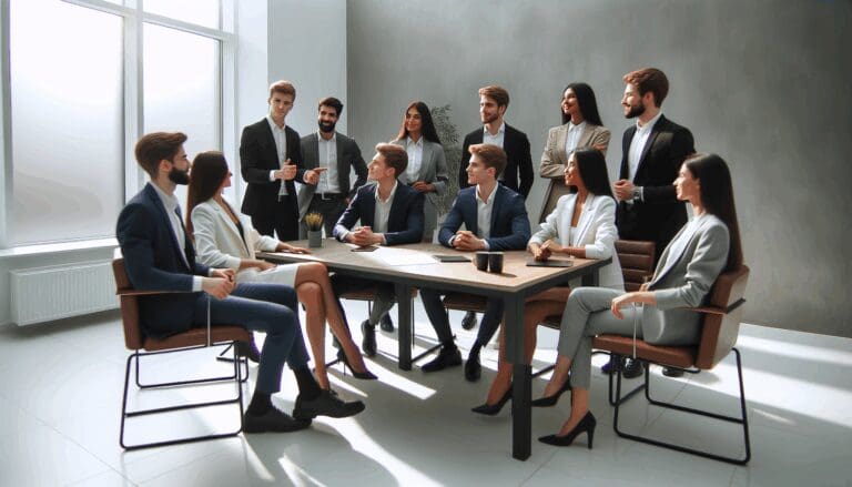 Jóvenes emprendedores en una reunión de trabajo en una oficina moderna.