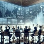 Reunión de profesionales fintech en un entorno urbano moderno, laptops y gráficos financieros visibles.