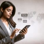 Persona usando un dispositivo móvil para acceder a herramientas digitales.