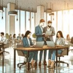 Espacio de coworking moderno con emprendedores colaborando en laptops