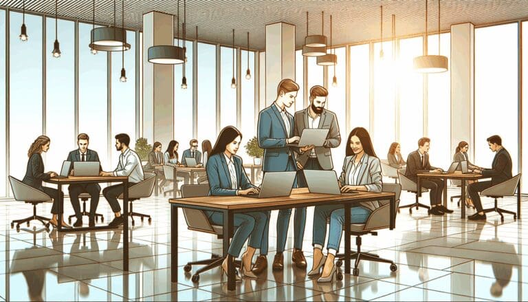 Espacio de coworking moderno con emprendedores colaborando en laptops