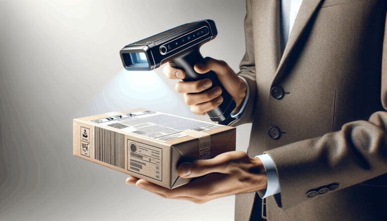 Primer plano de manos sosteniendo un escáner 3D portátil sobre un paquete en un entorno tecnológico moderno.