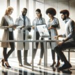 Grupo diverso de profesionales tecnológicos analizando datos médicos en una sala moderna con luz natural.