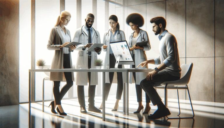 Grupo diverso de profesionales tecnológicos analizando datos médicos en una sala moderna con luz natural.