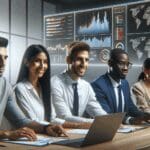 Equipo de trabajo colaborando frente a una pantalla con datos en tiempo real.