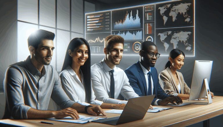 Equipo de trabajo colaborando frente a una pantalla con datos en tiempo real.