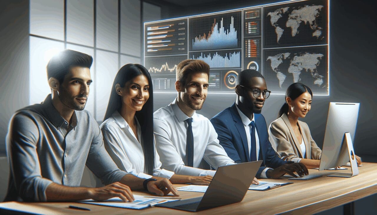 Equipo de trabajo colaborando frente a una pantalla con datos en tiempo real.