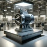 Motor eléctrico moderno expuesto sobre una mesa en un laboratorio tecnológico iluminado.