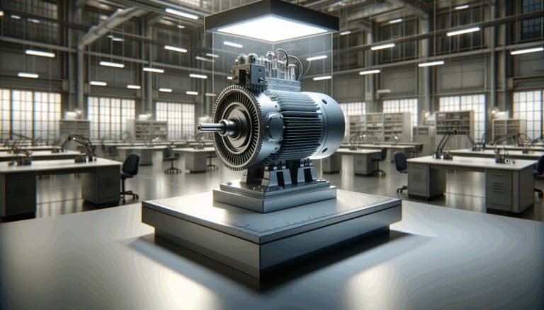 Motor eléctrico moderno expuesto sobre una mesa en un laboratorio tecnológico iluminado.