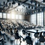 Auditorio moderno lleno de emprendedores, con ventanales y ambiente tecnológico durante un evento de startups.
