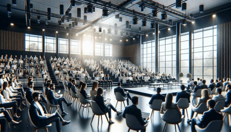 Auditorio moderno lleno de emprendedores, con ventanales y ambiente tecnológico durante un evento de startups.