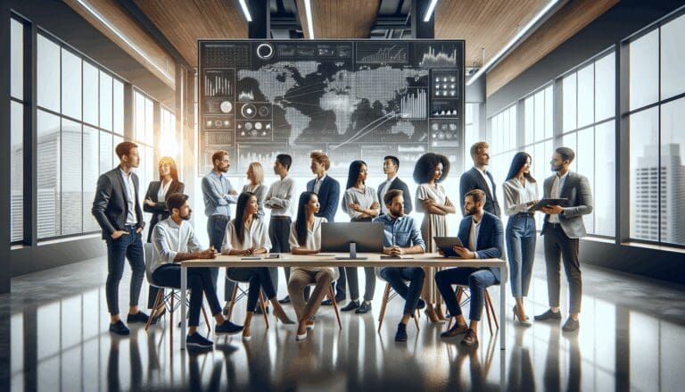 Equipo diverso de emprendedores colaborando frente a grandes pantallas con gráficos digitales en una oficina moderna.