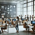 Grupo diverso de jóvenes profesionales trabajando en una oficina moderna con pantallas y pizarras digitales.