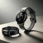 Primer plano de un Apple Watch y una pulsera tecnológica sobre una mesa minimalista.