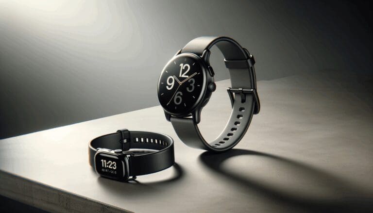 Primer plano de un Apple Watch y una pulsera tecnológica sobre una mesa minimalista.