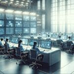 Equipo de operadores tecnológicos monitoreando pantallas en centro de control moderno.