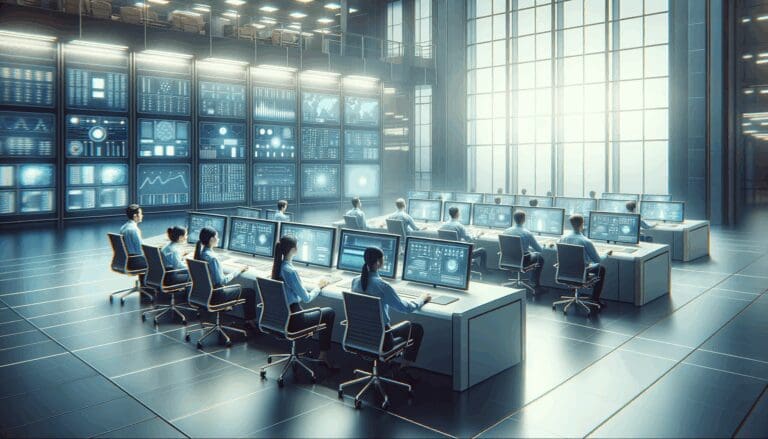 Equipo de operadores tecnológicos monitoreando pantallas en centro de control moderno.