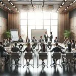 Reunión de negocios entre dos equipos diversos, con laptops y pizarras digitales en una oficina moderna.