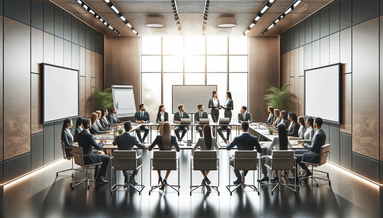 Reunión de negocios entre dos equipos diversos, con laptops y pizarras digitales en una oficina moderna.