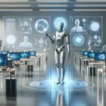 Concepto futurista de inteligencia artificial en una oficina latinoamericana, con equipos colaborando y pantallas digitales.