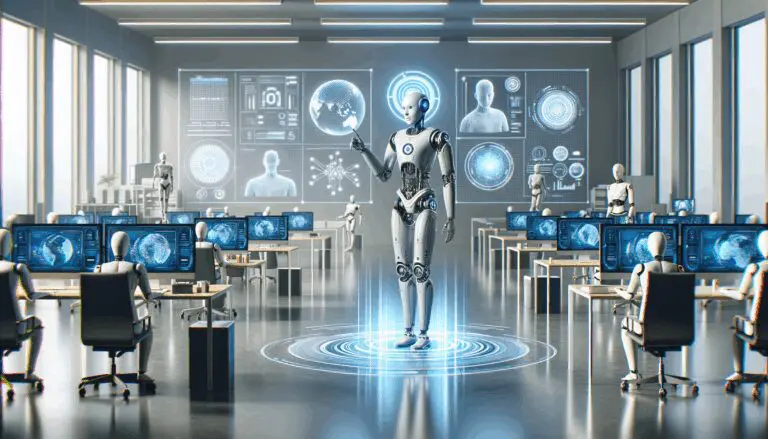 Concepto futurista de inteligencia artificial en una oficina latinoamericana, con equipos colaborando y pantallas digitales.