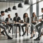 Emprendedores jóvenes discutiendo ideas en un espacio moderno de coworking.