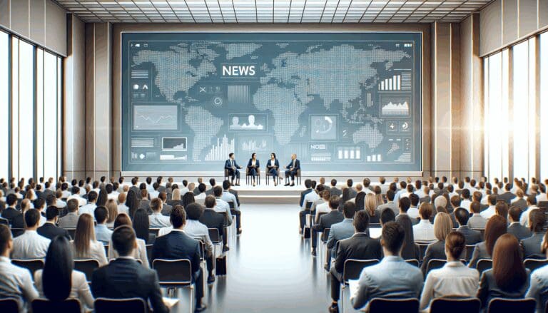 Salón de conferencias lleno de emprendedores interactuando en un ambiente moderno y tecnológico.