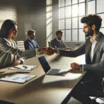 Fotografía de dos personas cerrando un negocio con un apretón de manos en una sala de juntas moderna, laptops y ambiente colaborativo.