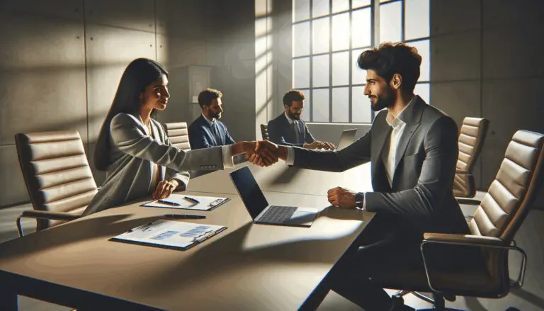 Fotografía de dos personas cerrando un negocio con un apretón de manos en una sala de juntas moderna, laptops y ambiente colaborativo.