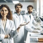 Científicos jóvenes trabajando en laboratorio moderno con enfoque en biotecnología y sostenibilidad.