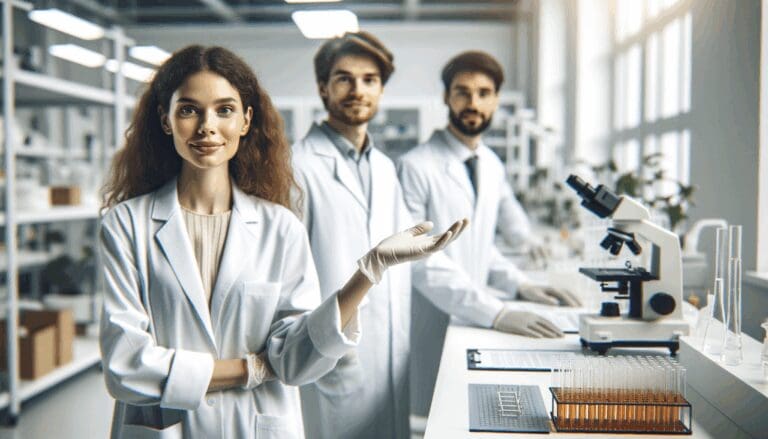 Científicos jóvenes trabajando en laboratorio moderno con enfoque en biotecnología y sostenibilidad.
