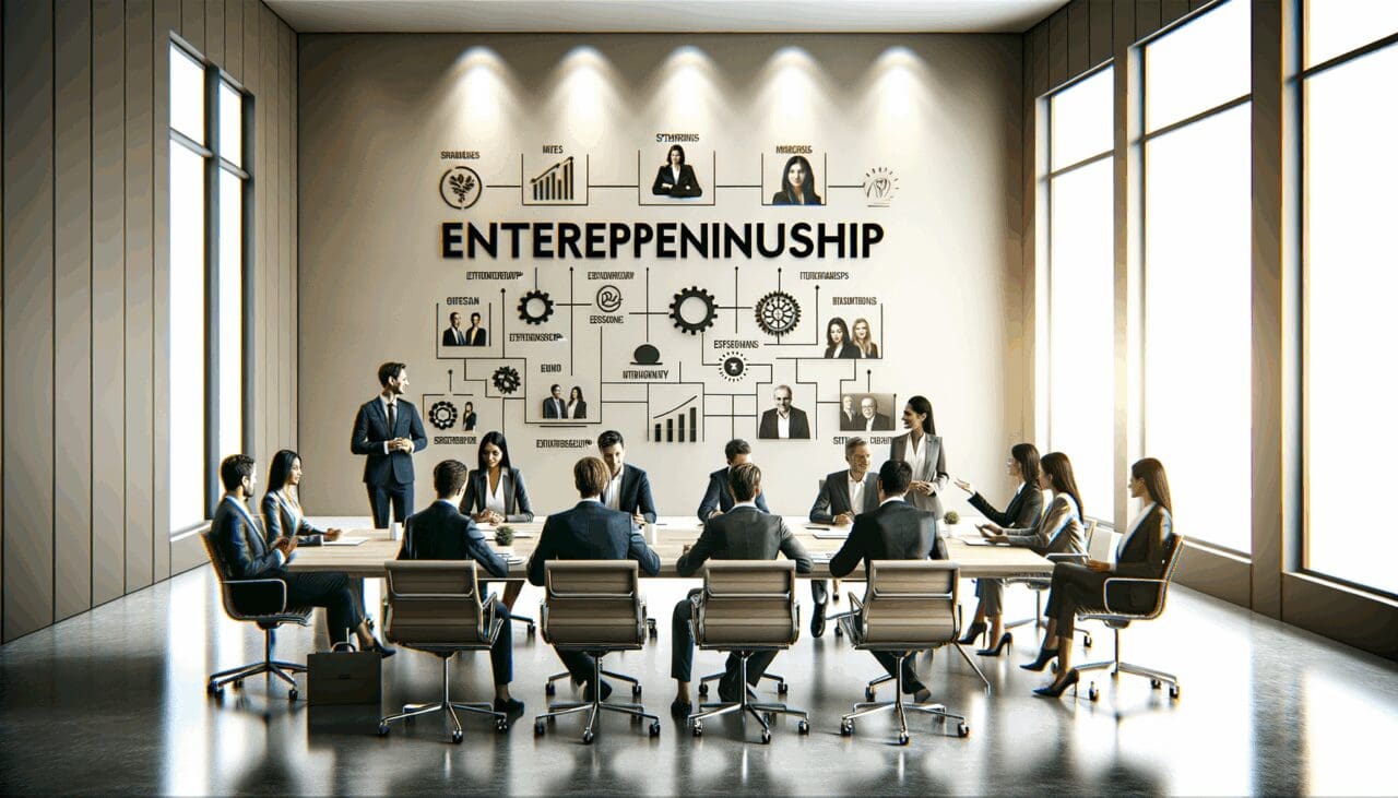 Sala de conferencias moderna con profesionales discutiendo estrategias de emprendimiento.