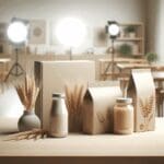 Primer plano de snacks saludables en empaque minimalista sobre mesa de madera clara, fondo desenfocado.